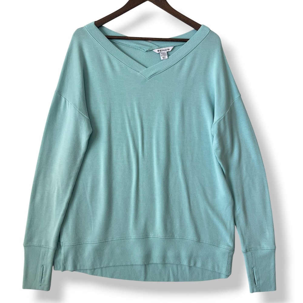 Athleta Coaster Luxe V-Neck Sweatshirt M‎ Tall Aqua Blue Soft Thumbholes Lounge